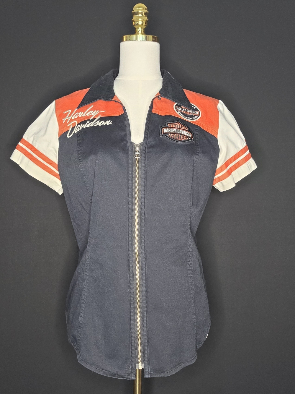 Harley-Davidson Women's Navy & Orange Zip Front Short Sleeve Jacket